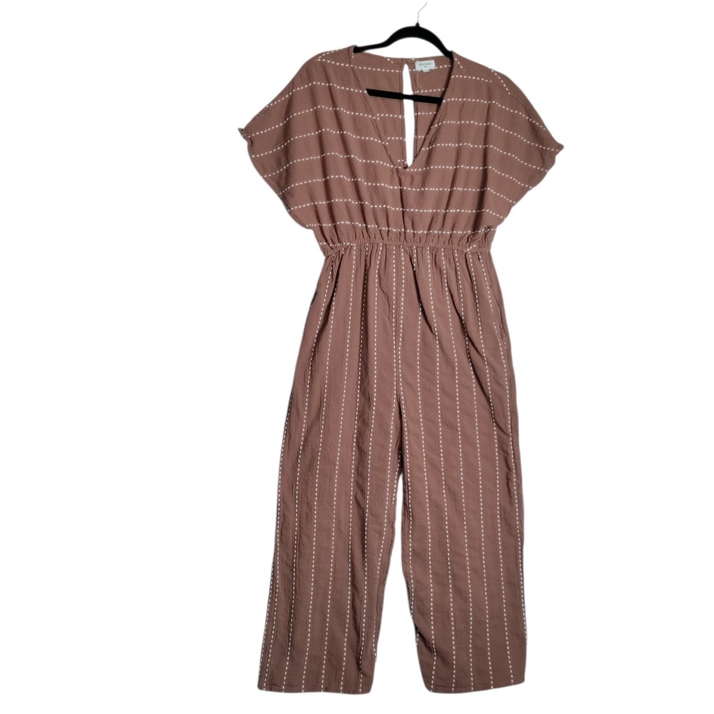 World Market Terracotta Brown Striped Gauze V-Neck Wide Leg Jumpsuit SM